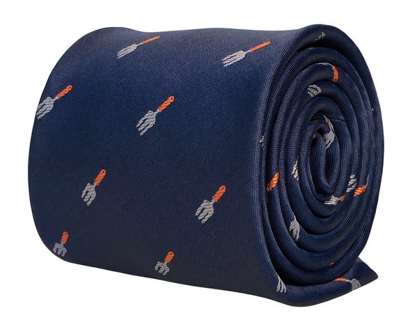 navy mens tie with gardening fork trowel quirky design